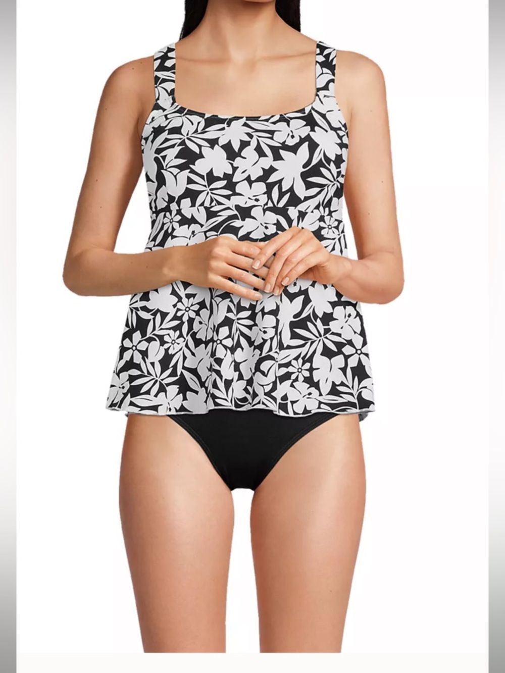 Lands End Black and White Floral Flutter Tankini  Top, size Lg 14/16